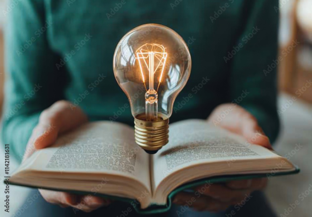 Poster light bulb above open book representing knowledge and ideas