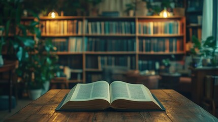 Fototapeta premium Open Book on Wooden Table in a Cozy Library Setting