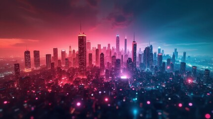 Fototapeta premium Futuristic City Skyline with Rainbow Light Painting