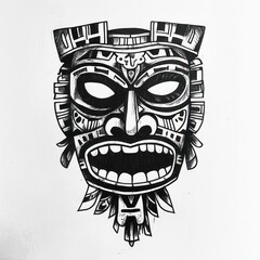 Naklejka premium Intricate Monochrome Tribal Mask Design Drawing