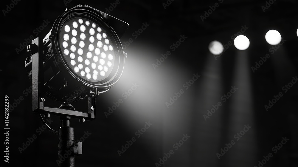Poster bright stage light illuminating dark background in a performance setup