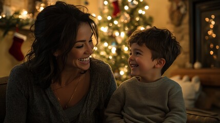 Joyful holiday moments mother and son smiling together by christmas tree cozy home setting heartwarming family scene