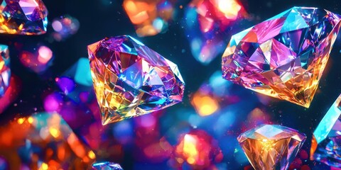 Bunch of colorful diamonds are shown in the air