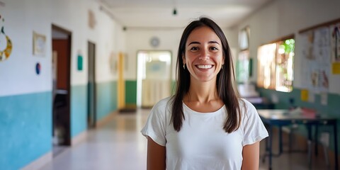 Argentine female social worker standing proudly in a community center, helping others