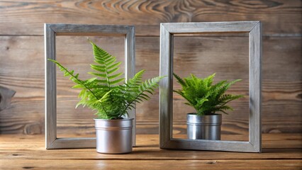 A delicate silver frame holds two small potted ferns on a wooden desk, greenery, desk,  greenery, desk