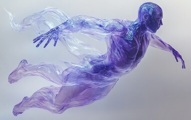 Naklejka premium Abstract design of a translucent figure with soft blue and purple gradients, featuring smooth, organic shapes intertwined with intricate fluid lines, digitally rendered