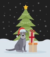Cute dog near the New Year tree. Christmas card with dog, puppy. Happy holidays. Greeting concept. Ideal for print, postcard or label. New Year card. 
