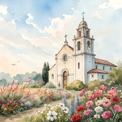 Church with flowers Water color