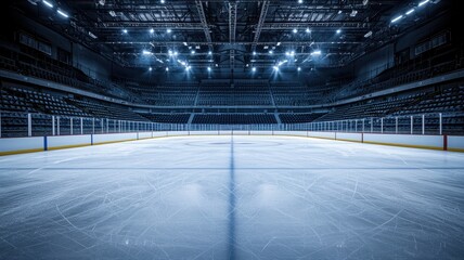 A spacious ice rink illuminated by bright lights, showcasing a clear surface and empty spectator stands, creating a serene atmosphere.