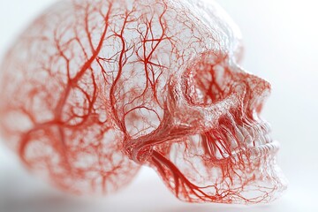 Transparent human skull with visible red vascular system.