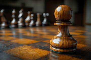 Close-up of a wooden pawn on a chessboard with blurred background. Strategic chess concept.