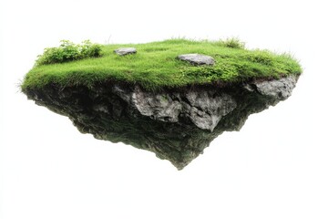 Floating island with lush green grass and rocks on a white background, symbolizing fantasy, imagination, and surreal natural landscapes