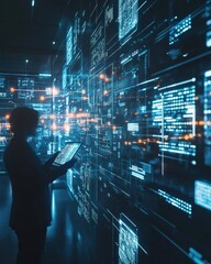 Data visualization action modern office digital content high-tech environment user perspective innovation concept