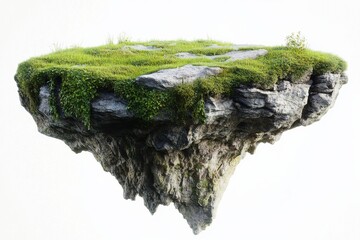 Floating island with lush green grass and rocks on a white background, symbolizing fantasy, imagination, and surreal natural landscapes