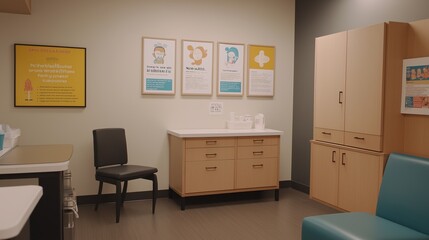 Empty pediatric clinic featuring vaccination posters, conveying a message of preparedness and public health awareness in a serene and hygienic environment.