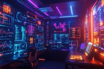 Futuristic cyber workspace virtual lab digital art neon environment wide angle technology and innovation