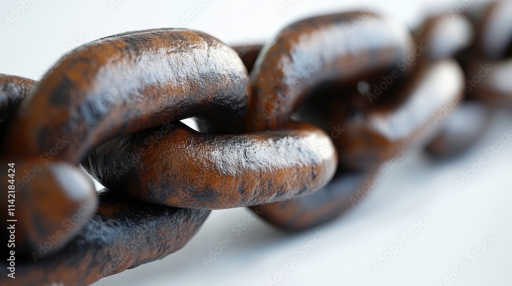 Poster close-up of heavy rusty metal chain links connected together on a white surface with unique textures