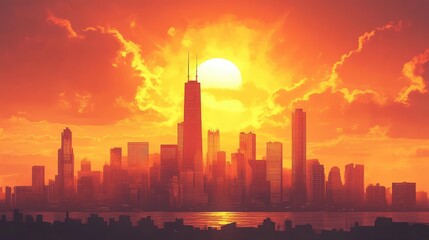 Fototapeta premium Stunning Sunset Over Chicago Skyline with Vibrant Orange Sky