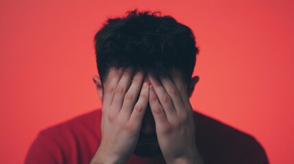 A person with dark hair covers their face with both hands, expressing a sense of distress or sadness against a vibrant red background.