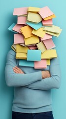 A person with a blue sweater is covered in colorful sticky notes, embodying a humorous take on being overwhelmed or busy.