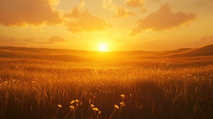 Golden Sunrise Over Rolling Fields with Gentle Clouds in Sky