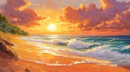 Fototapeta premium Vibrant Sunset Over Serene Beach with Gentle Waves and Clouds
