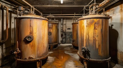 Naklejka premium Rusty Industrial Tanks in Abandoned Warehouse with Pipes