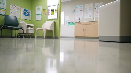Empty pediatric clinic featuring vaccination posters, conveying a message of preparedness and public health awareness in a serene and hygienic environment.