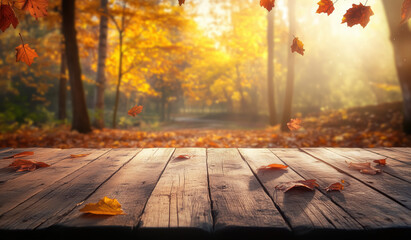 Golden autumn leaves cascade gently over a wooden deck surrounded by a serene forest in late afternoon light. the warm glow of sunset light. beautiful autumn day