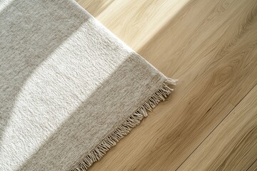 Sunlit beige fringed rug on light wooden floor