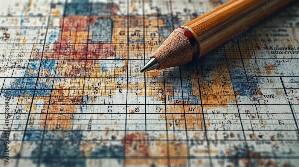 Poster close-up view of a colorful abstract pattern with a wooden pencil on a textured surface ideal for cr