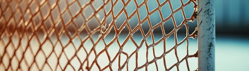 Fototapeta premium A close-up of a rusted metal fence, showcasing intricate patterns of the mesh against a blurred background.