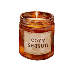 Scented jar candle "Cozy Season" - warm watercolor candle illustration for seasonal branding, labels, and home decor.