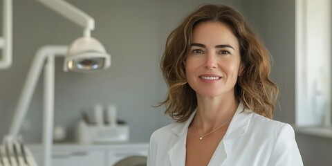 Portrait of female dentist standing confidently in dental office, offering professional care