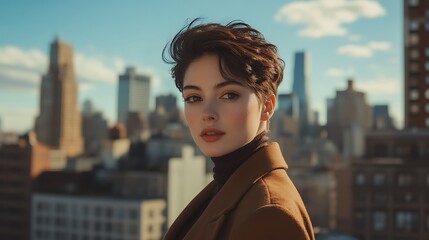 A stylish female model with short hair, standing confidently on a city rooftop