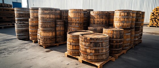 Aging whiskey barrels, bourbon barrels, scotch barrels, and wine barrels in a factory, rustic industrial setting, wooden barrels stacked in rows, aging process