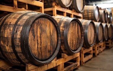 Bourbon, whiskey, scotch, and wine barrels in a distillery aging facility, wooden barrels stacked in rows, vintage ambiance, aging process in a factory