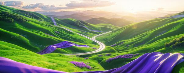 Purple silk drapes over winding road through lush green hills at sunset