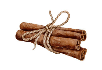 Tied cinnamon sticks-  warm watercolor spice illustration for food packaging, seasonal labels, and recipe cards.