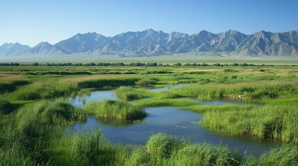 Serene Landscape of Lush Green Marshland with Mountain Range Backdrop