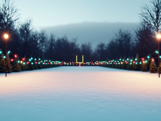 Obraz premium A snowy scene with colorful lights lining a pathway, featuring a goalpost, evoking a festive winter atmosphere.