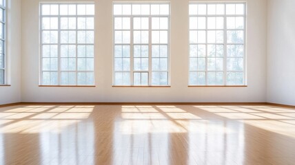 Fototapeta premium A spacious, sunlit room with large windows and polished wooden flooring, creating a bright and airy atmosphere.