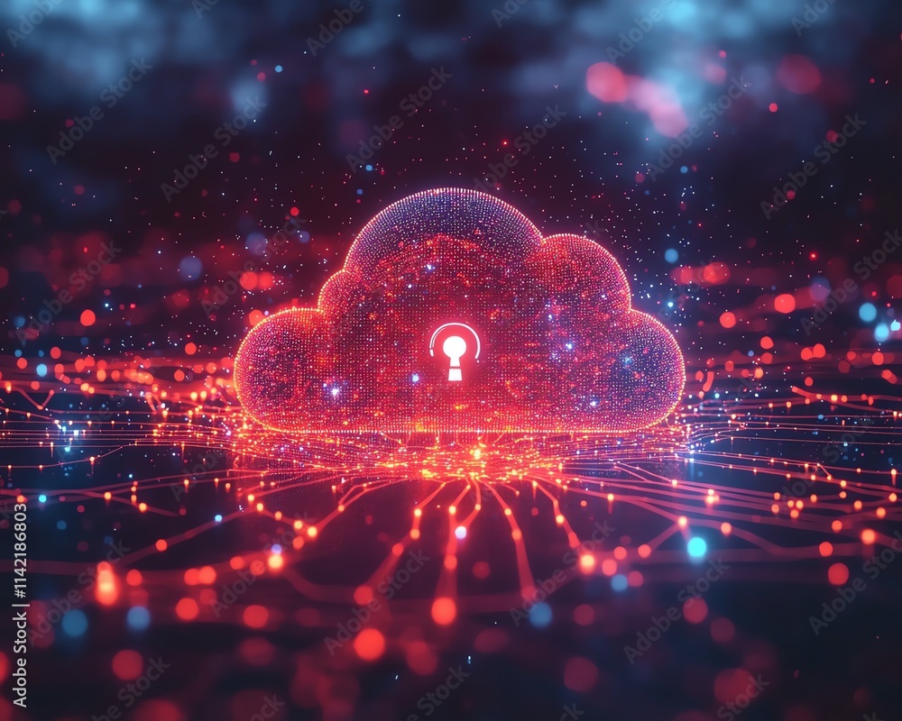 Poster cloud computing network diagram with secure connections, central lock symbol for cloud security, dyn