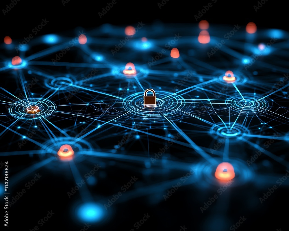 Poster cloud computing network diagram with secure connections, central lock symbol for cloud security, dyn