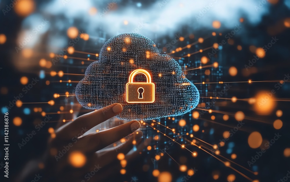 Poster cloud computing security diagram, secure network connections with central lock symbol, dramatic and 