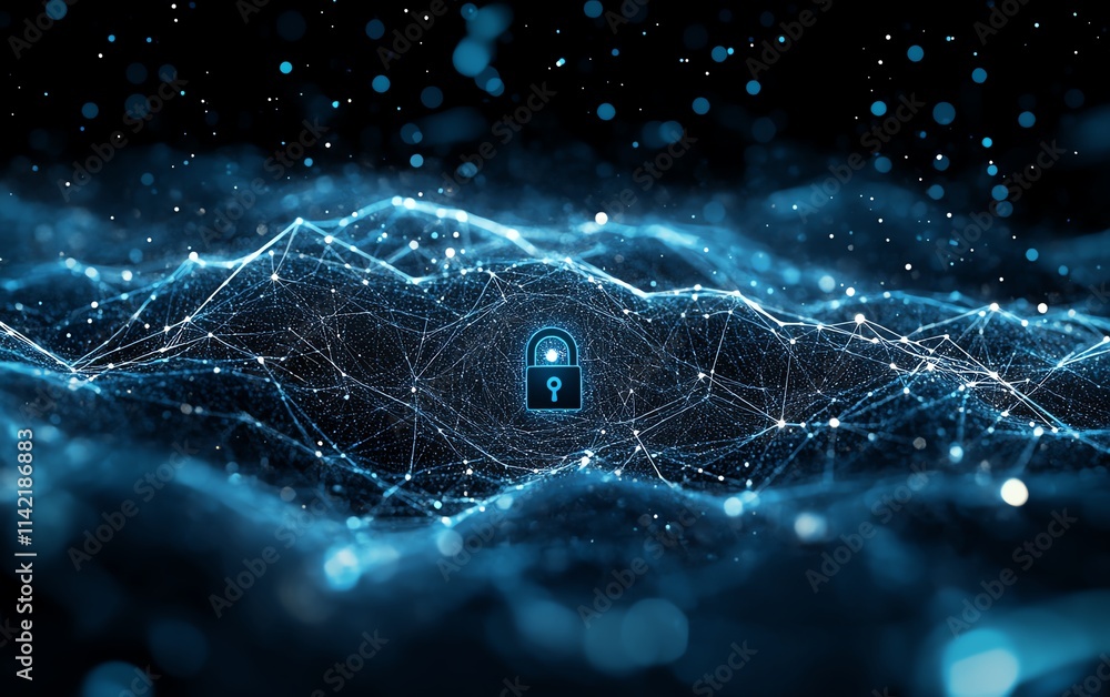 Poster cloud computing security diagram, secure network connections with central lock symbol, dramatic and 