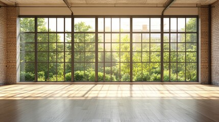 An empty loft space with warm wooden floors, oversized windows framing a serene garden, and abundant natural light.