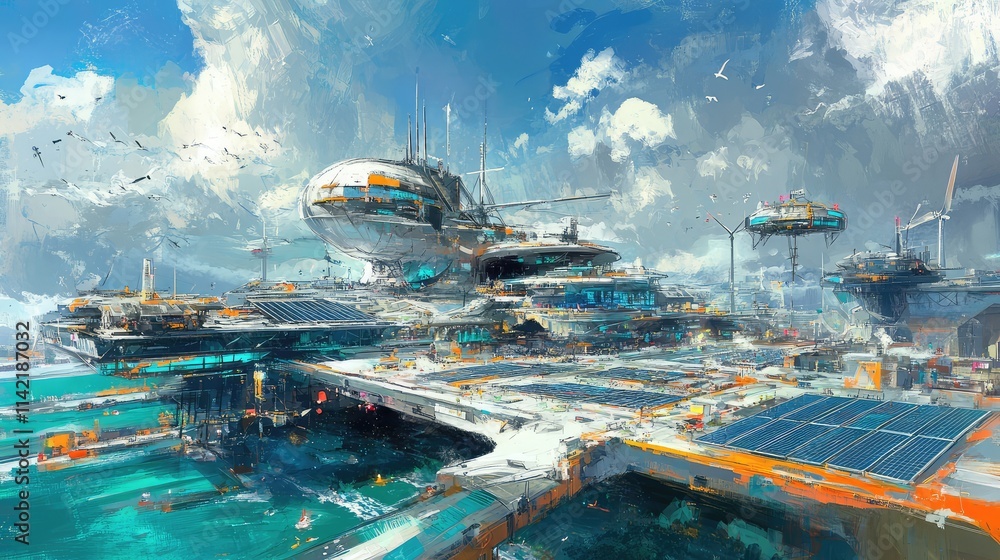 Poster futuristic harbor scene with floating platforms and sky structures