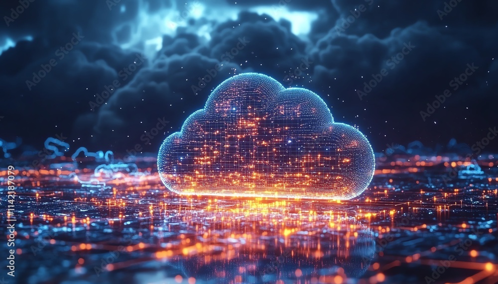 Poster cloud computing with secure network connections and a central lock symbol, cloud security diagram, d