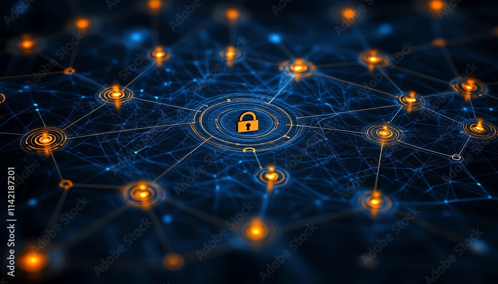 Poster cloud security concept diagram, showcasing secure network connections and central lock symbol, drama